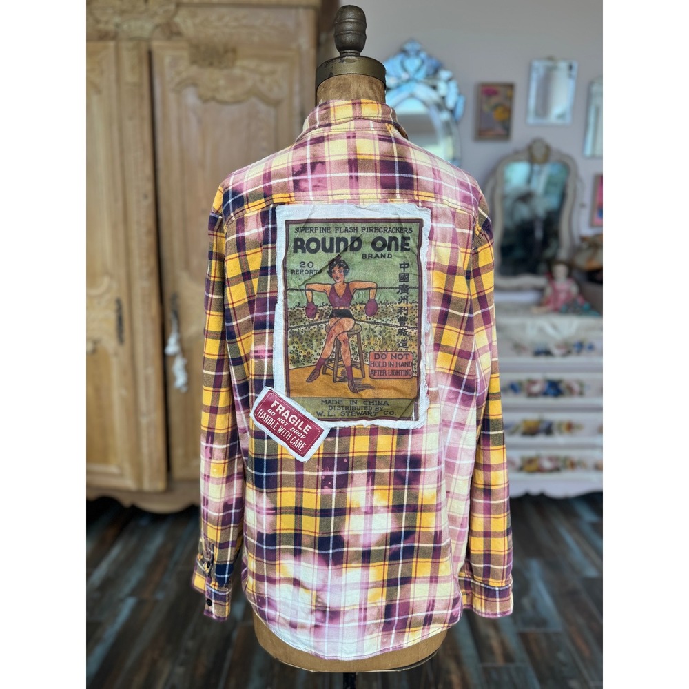 Upcycled Boxing Girl Flannel Medium Folk Art Grunge Indie Shirt - Picture 5 of 6